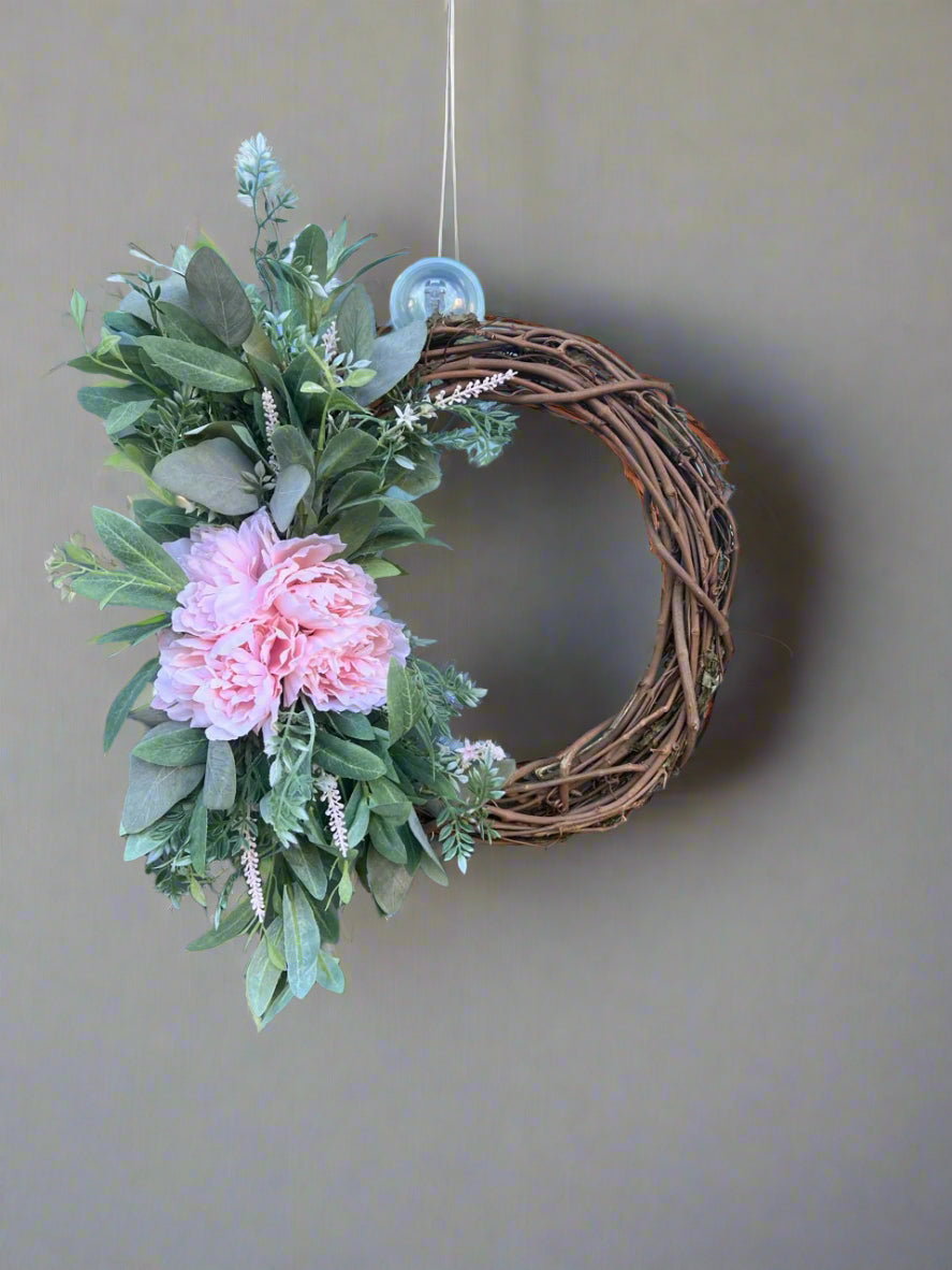 Spring Wreath - Half Grapevine with Pink Peony and Eucalyptus Leaves