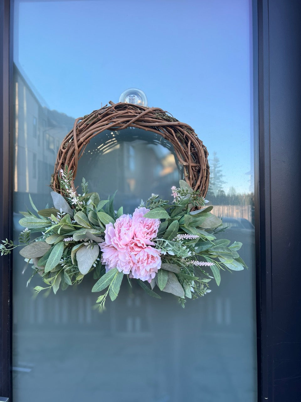 Spring Wreath - Half Grapevine with Pink Peony and Eucalyptus Leaves