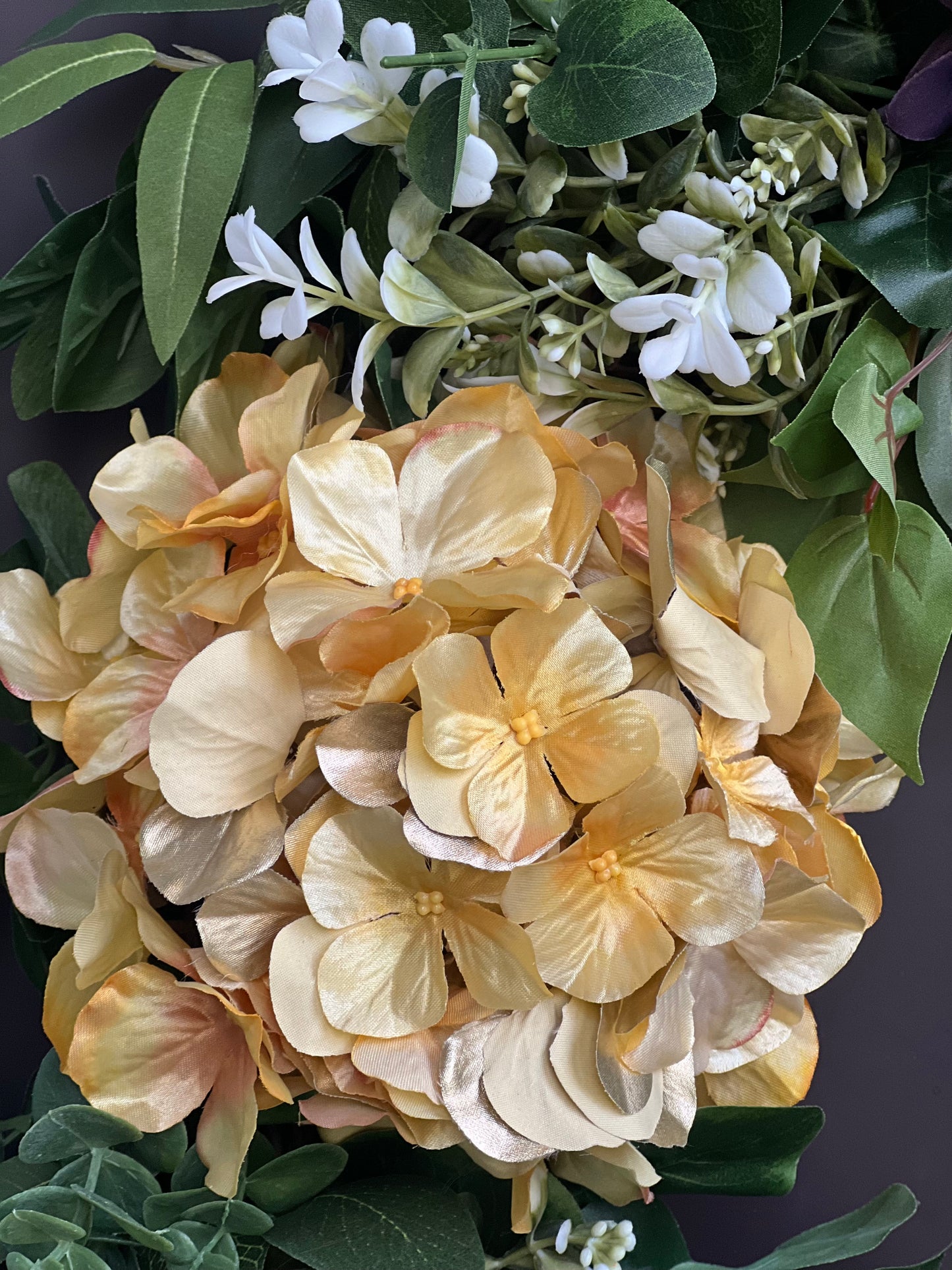 Front Door Ready UW Husky Wreath - Gold Hydrangea & Purple Dahlia