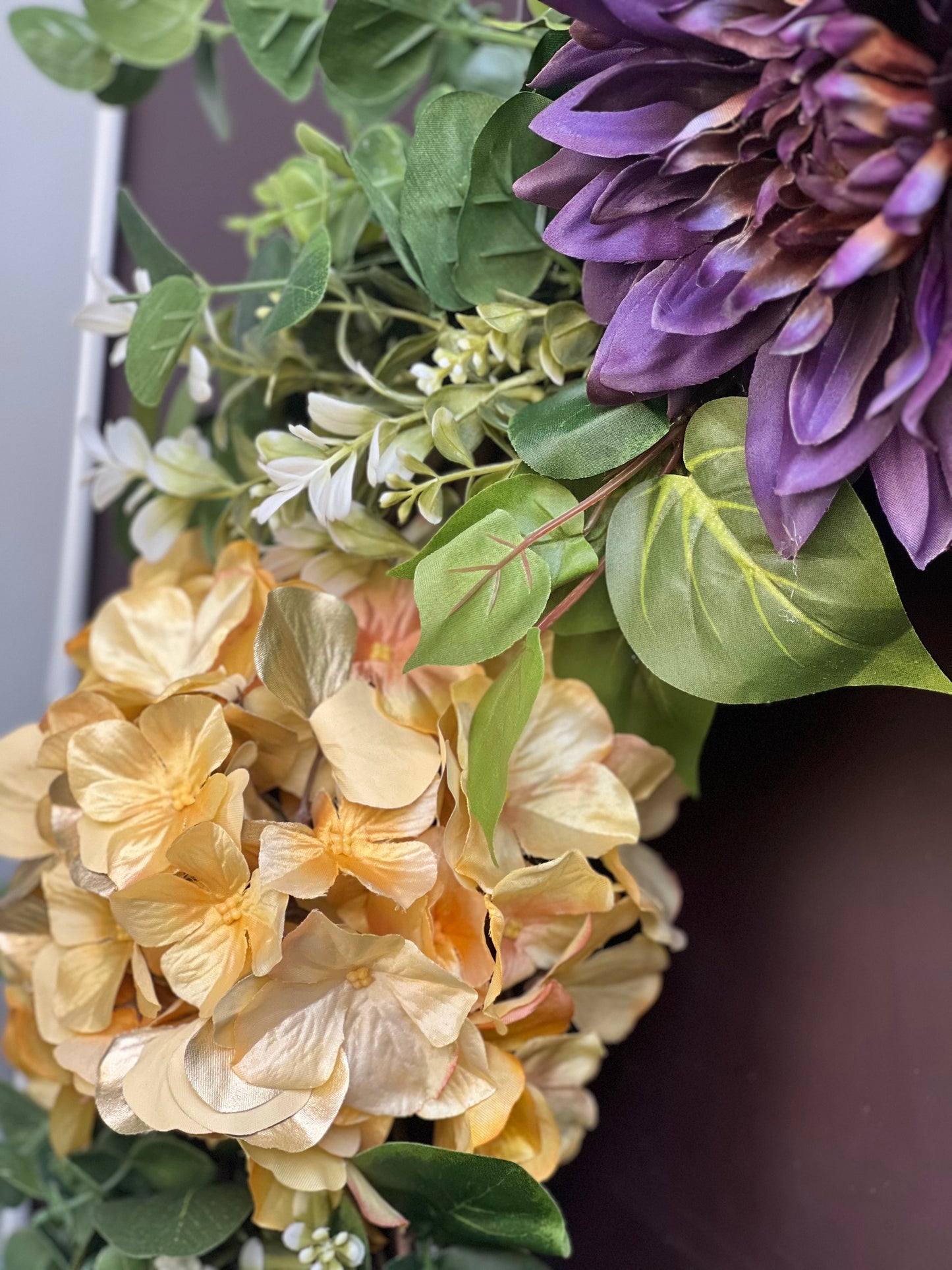 Front Door Ready UW Husky Wreath - Gold Hydrangea & Purple Dahlia