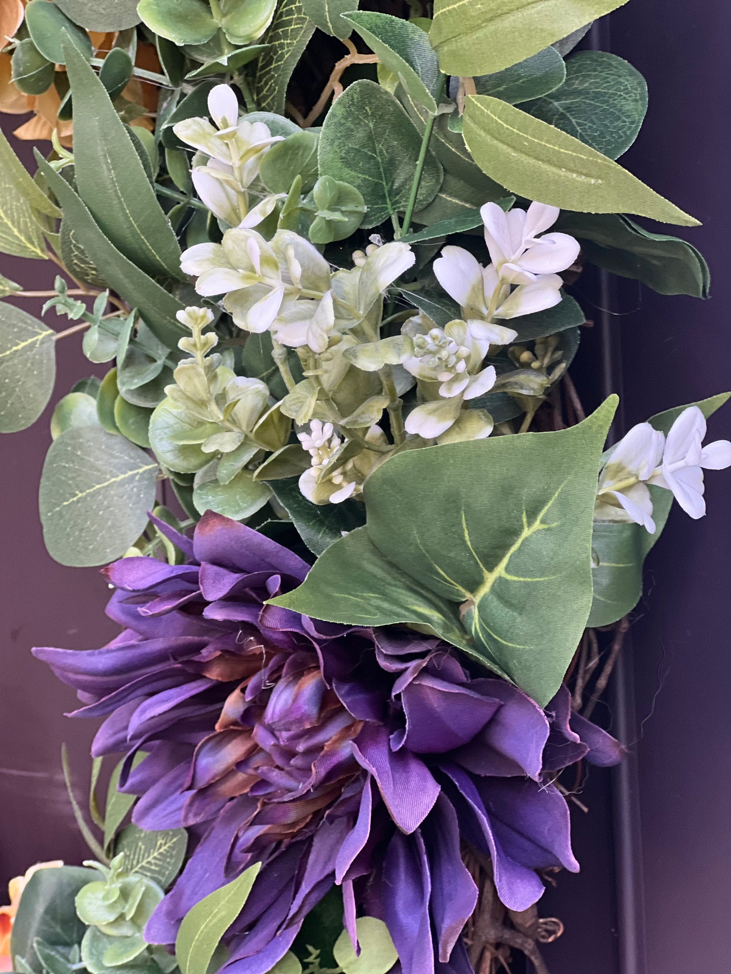 Front Door Ready UW Husky Wreath - Gold Hydrangea & Purple Dahlia