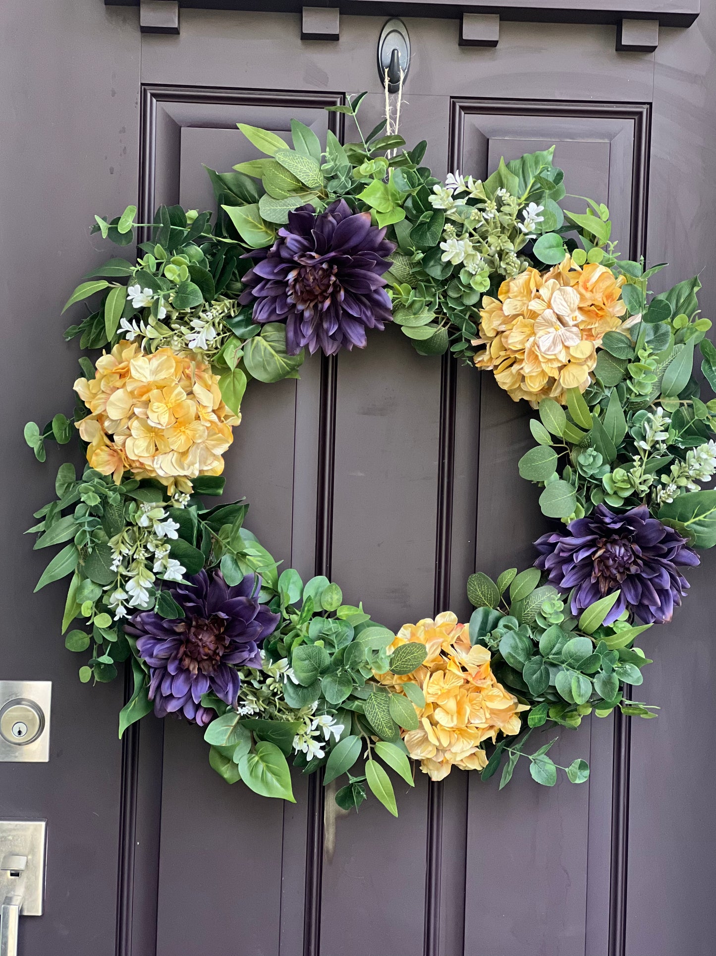 Front Door Ready UW Husky Wreath - Gold Hydrangea & Purple Dahlia