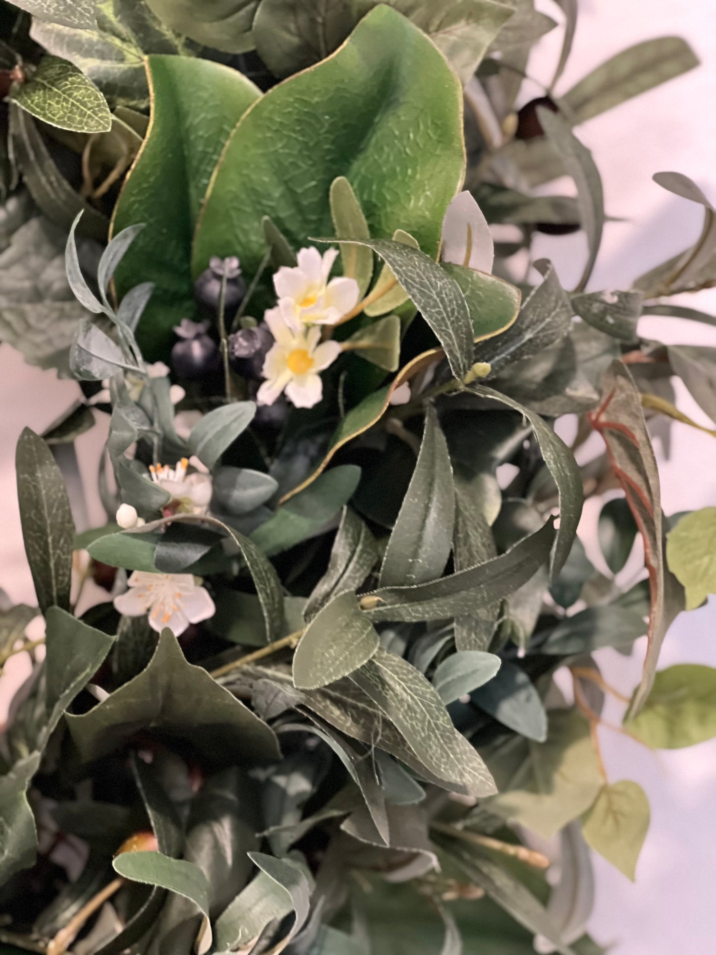 All Season Greenery with olive branches, summer leaves, blueberries, whitr flowers