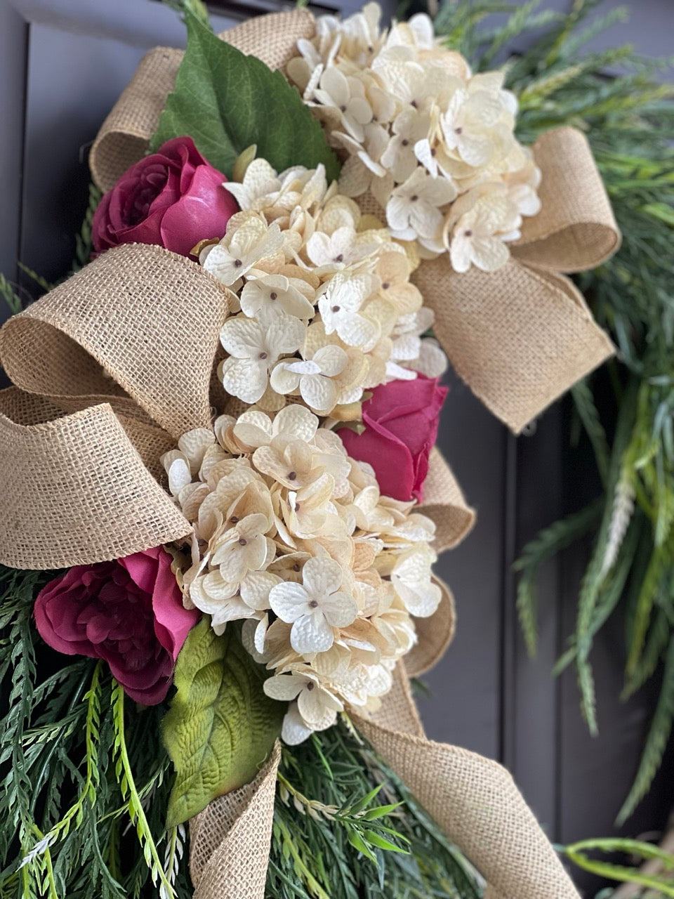 All Season Floral Wreath - Whimsy Dark Pink Roses and Cream Hydrangea