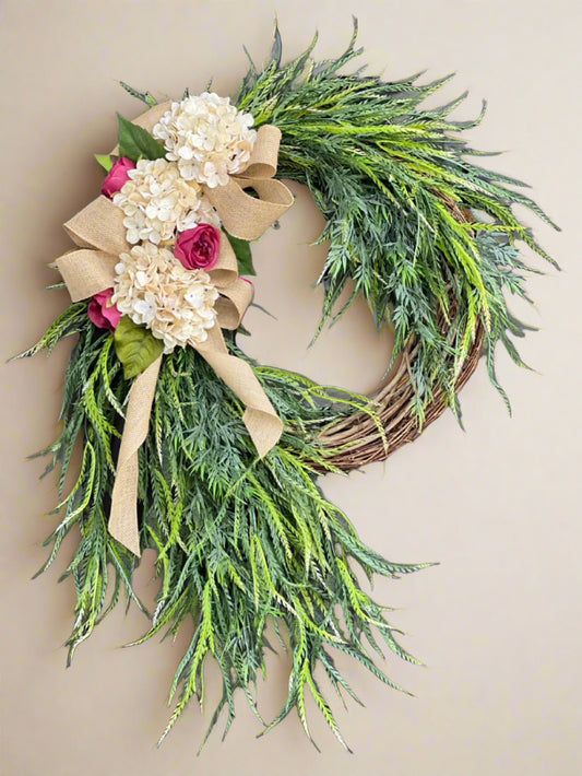 All Season Floral Wreath - Whimsy Dark Pink Roses and Cream Hydrangea