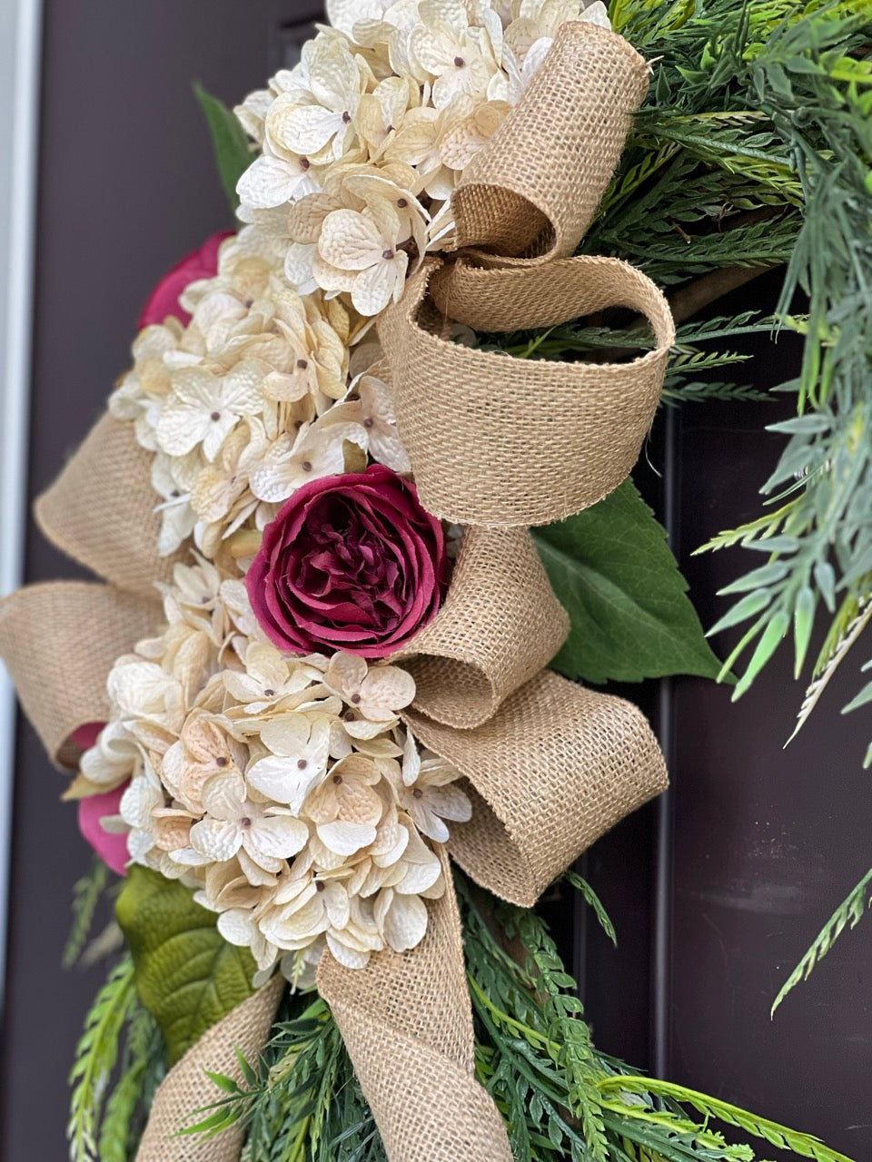 All Season Floral Wreath - Whimsy Dark Pink Roses and Cream Hydrangea